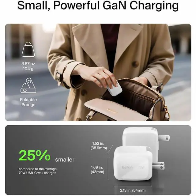 Alt view image 11 of 14 - Belkin 70W GaN 3-Port USB Wall Charger 1xUSB-A, 2xUSB-C - Foldable Prongs Power Adapter White Model WCH018DQWH