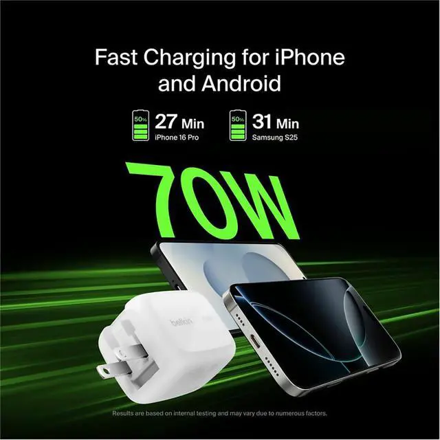 Alt view image 12 of 14 - Belkin 70W GaN 3-Port USB Wall Charger 1xUSB-A, 2xUSB-C - Foldable Prongs Power Adapter White Model WCH018DQWH