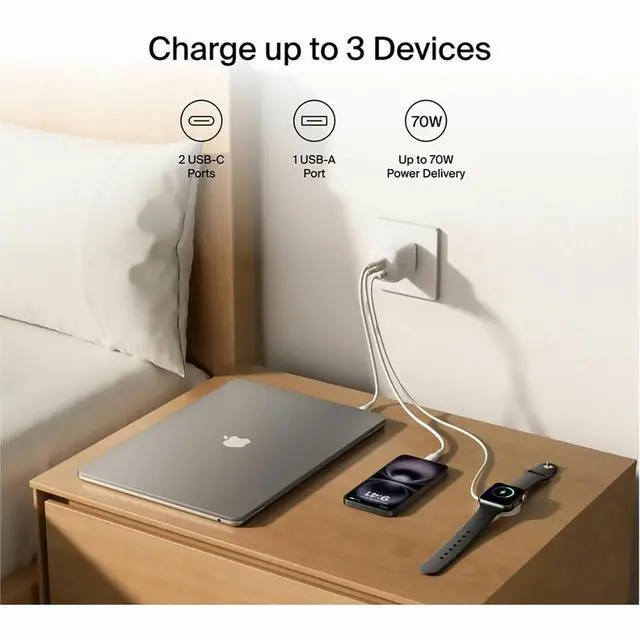 Alt view image 14 of 14 - Belkin 70W GaN 3-Port USB Wall Charger 1xUSB-A, 2xUSB-C - Foldable Prongs Power Adapter White Model WCH018DQWH