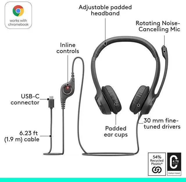 Alt view image 14 of 15 - Logitech H390 USB Type C Noise Cancelling Computer Headset - Black