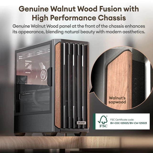 Alt view image 2 of 7 - Okinos Cypress 7 Genuine Walnut Wood Tempered Glass ATX Mid-Tower Computer Case, Black