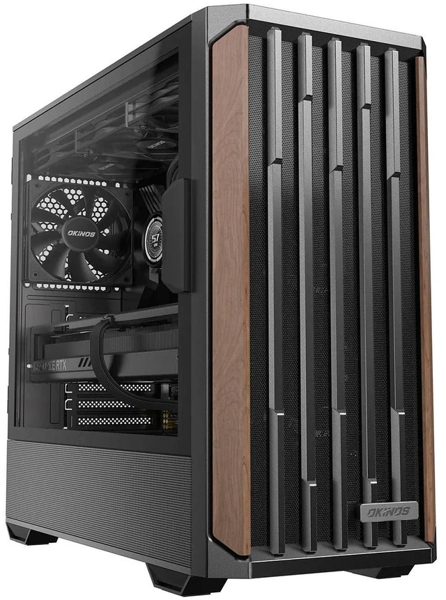 Main image of Okinos Cypress 7 Genuine Walnut Wood Tempered Glass ATX Mid-Tower Computer Case, Black
