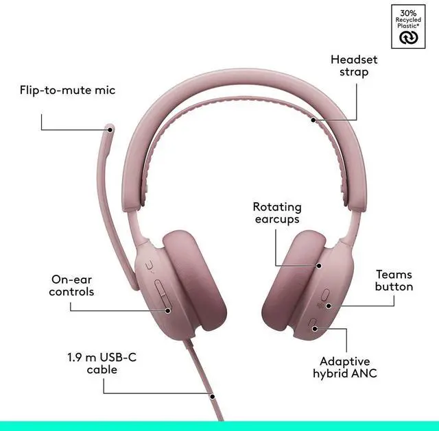 Alt view image 20 of 20 - Logitech Zone Wired 2 for Business - Noise-Canceling Headset with Adaptive Hybrid ANC, Microsoft Teams Certified, Rose