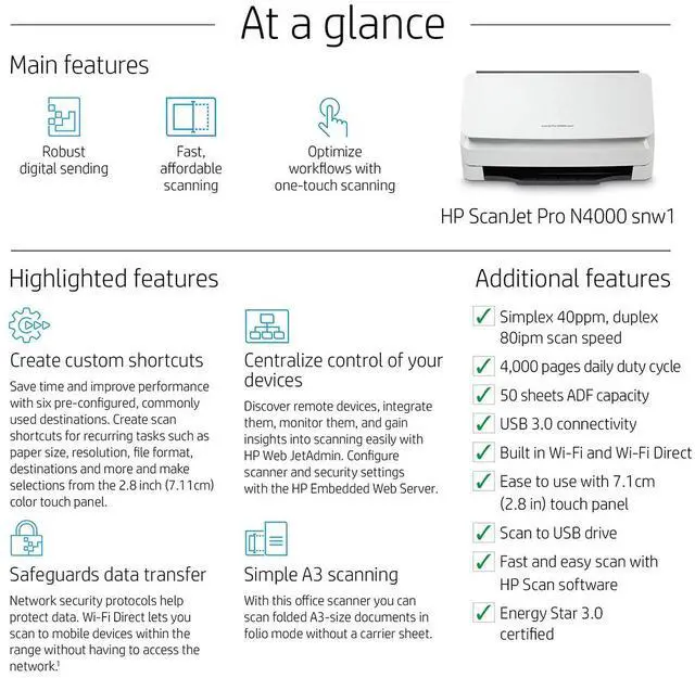 Alt view image 11 of 11 - HP ScanJet Pro N4000 snw1 6FW08A Up to 600 dpi Sheet Fed Sheet-feed Scanner