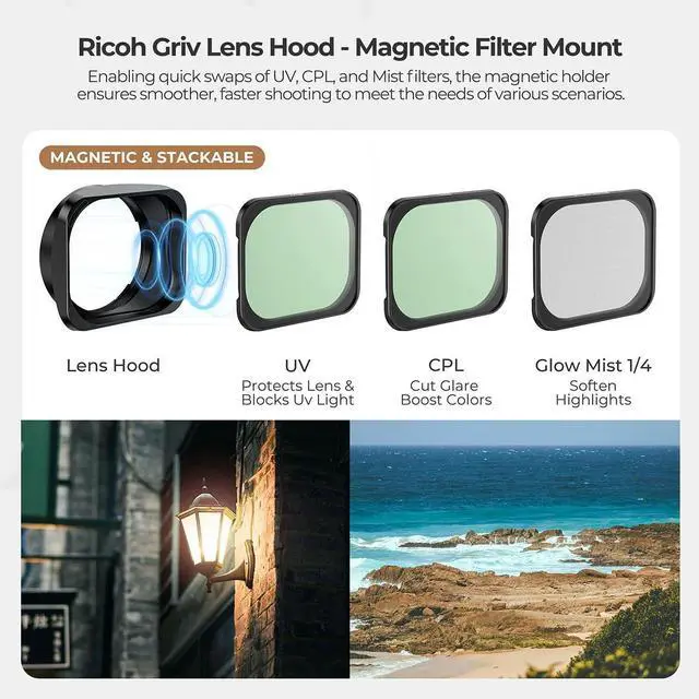 Alt view image 3 of 7 - Freewell Lens Hood w/CPL, UV, Glow Mist 1/4 Filter for Ricoh GRIV Camera, Black