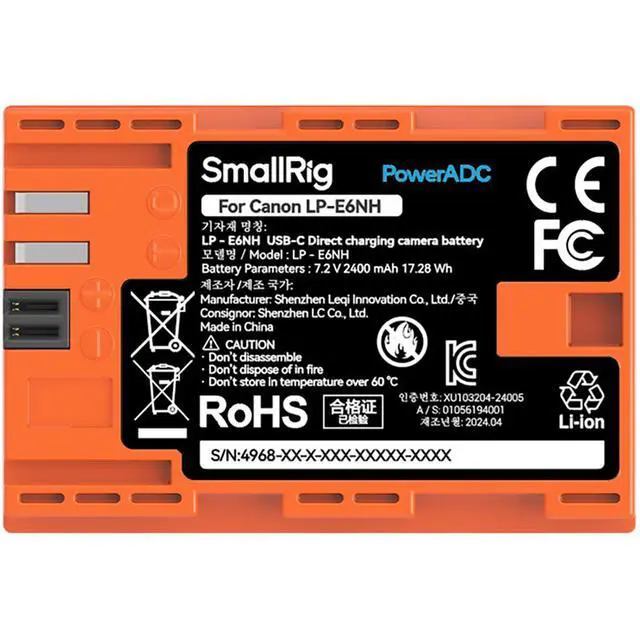 Alt view image 4 of 7 - SmallRig LP-E6NH 17.28Wh 7.2V 2400mAh USB-C Rechargeable Lithium-ion Battery for Canon Cameras, Orange