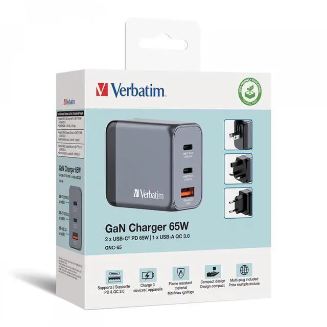 Alt view image 13 of 14 - Verbatim 32201 65w Gan Wall Charger Usb-c Pd Ports Usb-a Qc 3.0