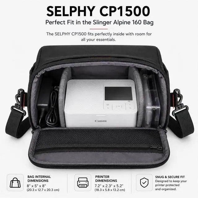 Alt view image 5 of 7 - Canon SELPHY CP1500 Wireless Compact Photo Printer, Black w/ CANON*KP-108IN COLOR INK & PAPER SET,SLINGER ALPINE 160 SHOULDER BAG & ADORAMA MICROFIBER CLOTH SMALL