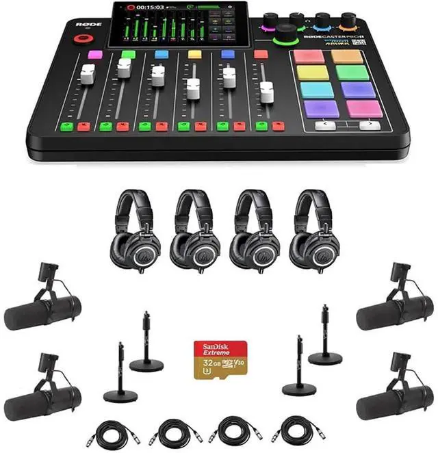Main image of Rode RODECaster Pro II Integrated Audio Production Studio Console Bundle with 4x SM7B Mic, 4x ATH-M50x Headphones, 4x Mic Stand, 4x M to F XLR Cable, 32GB microSD Card
