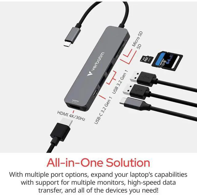 Alt view image 16 of 17 - Verbatim USB-C Essentials Multiport Hub- 6 Ports - for Camera - Charging Capability - Memory Card Reader - SD, microSD - USB Type C - 4K @30Hz - 3840 x 2160 - 3 x USB Ports - 2 x USB Type-A Ports - US
