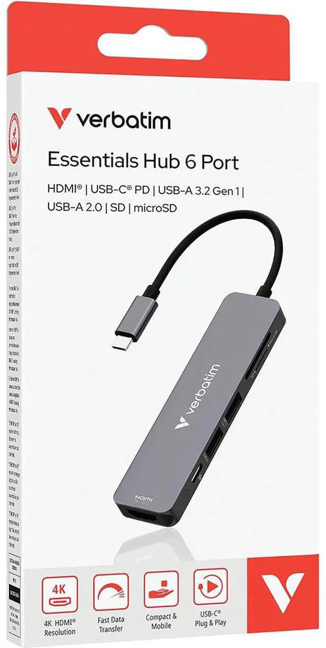 Alt view image 17 of 17 - Verbatim USB-C Essentials Multiport Hub- 6 Ports - for Camera - Charging Capability - Memory Card Reader - SD, microSD - USB Type C - 4K @30Hz - 3840 x 2160 - 3 x USB Ports - 2 x USB Type-A Ports - US