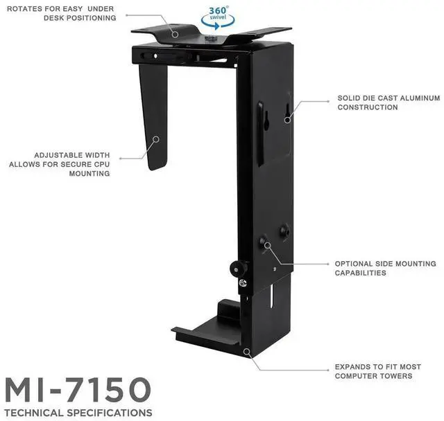 Alt view image 10 of 13 - Mount-It! CPU Under Desk Mount Bracket | 360 Degree Swivel