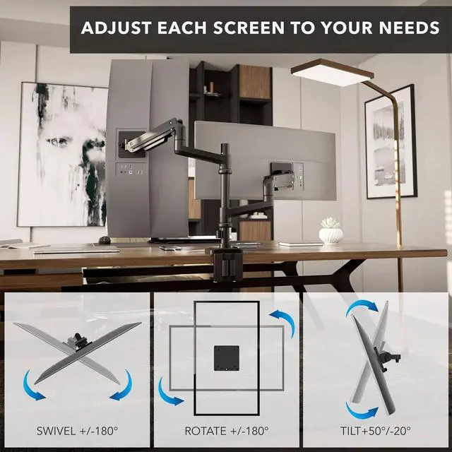 Alt view image 14 of 14 - Mount-It! ProFlex Adjustable Heavy-Duty Dual Monitor Mount with Pole & Gas Spring Arms, Fits 17" 49" Ultrawide Screens, Black