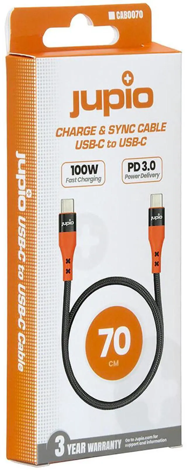 Alt view image 4 of 4 - Jupio 27.6" 100W USB Type-C Male to USB Type-C Male Cable, Black/Orange
