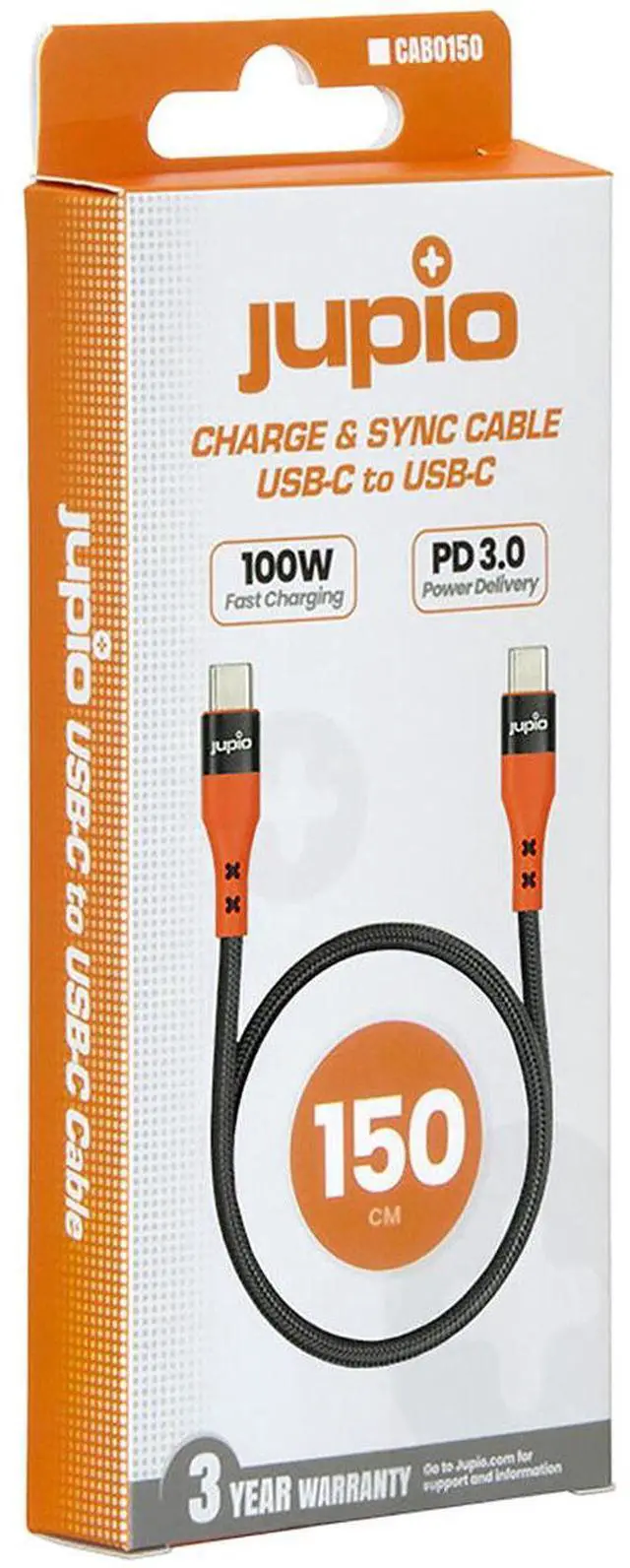 Alt view image 4 of 4 - Jupio 4.9' 100W USB Type-C Male to USB Type-C Male Cable, Black/Orange