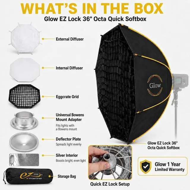 Alt view image 6 of 6 - Flashpoint eVOLV 200 Pro TTL Pocket Flash Kit - AD200 Pro, Glow EZ Lock Quick Octa Large Softbox with Bowens Mount (36in), Handheld Grip S-Type Bracket Bowens Mount Holder for Speedlite Flash Softbox
