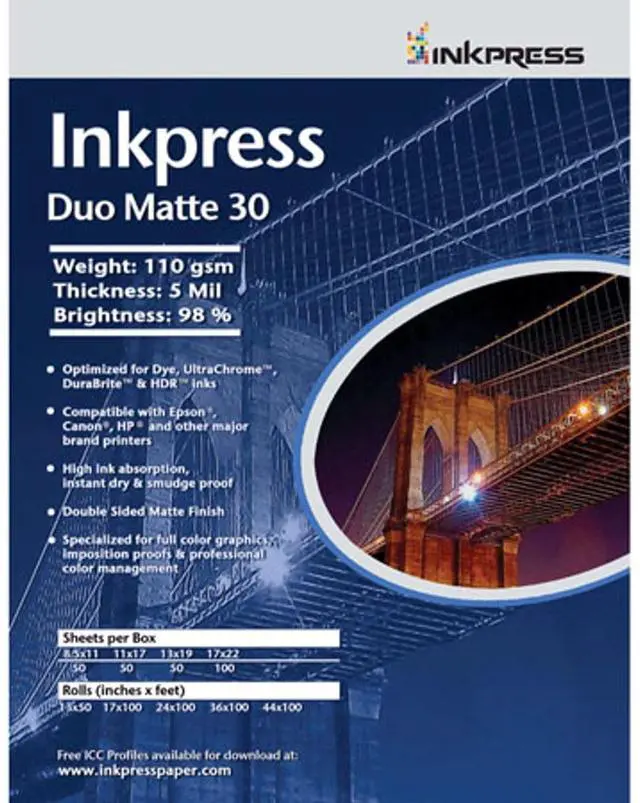 Main image of Inkpress Duo Matte 30 Inkjet Paper, 110 gsm Weight, 5 mil Thickness, 98% Brightness, Double Sided, 11x17", 50 Sheets