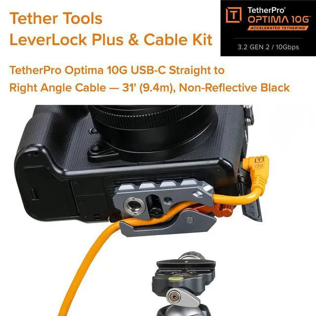 Alt view image 2 of 7 - Tether Tools LeverLock Plus & Cable Kit, Optima 10G 31' (9.4m), Straight to Right, Non-Reflective Black, Cable Ties