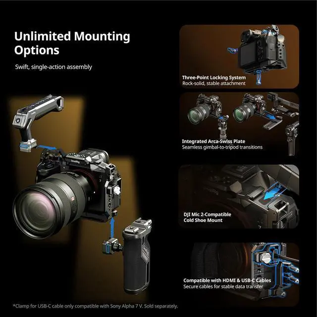 Alt view image 4 of 7 - SmallRig Advanced Edition HawkLock Full Camera Cage Kit for Sony Alpha 7 V /7R V/7 IV, Black