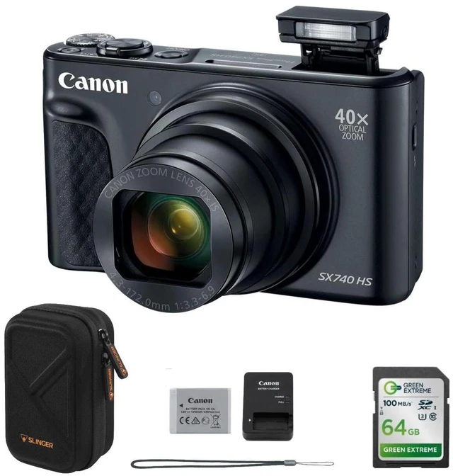 Main image of Canon PowerShot SX740 HS Digital Camera + Slinger Small Hardshell Camera Case + Green Extreme 64GB UHS-I U3 Class 10 V30 SDXC Memory Card