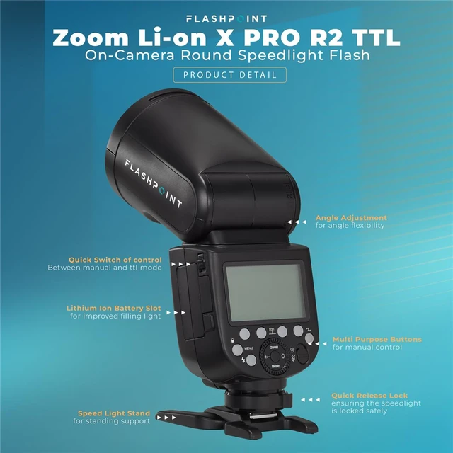 Alt view image 4 of 7 - Flashpoint Zoom Li-on X PRO R2 TTL On Camera Round Speedlight Flash for Fujifilm with Round Head Flash Accessory Kit