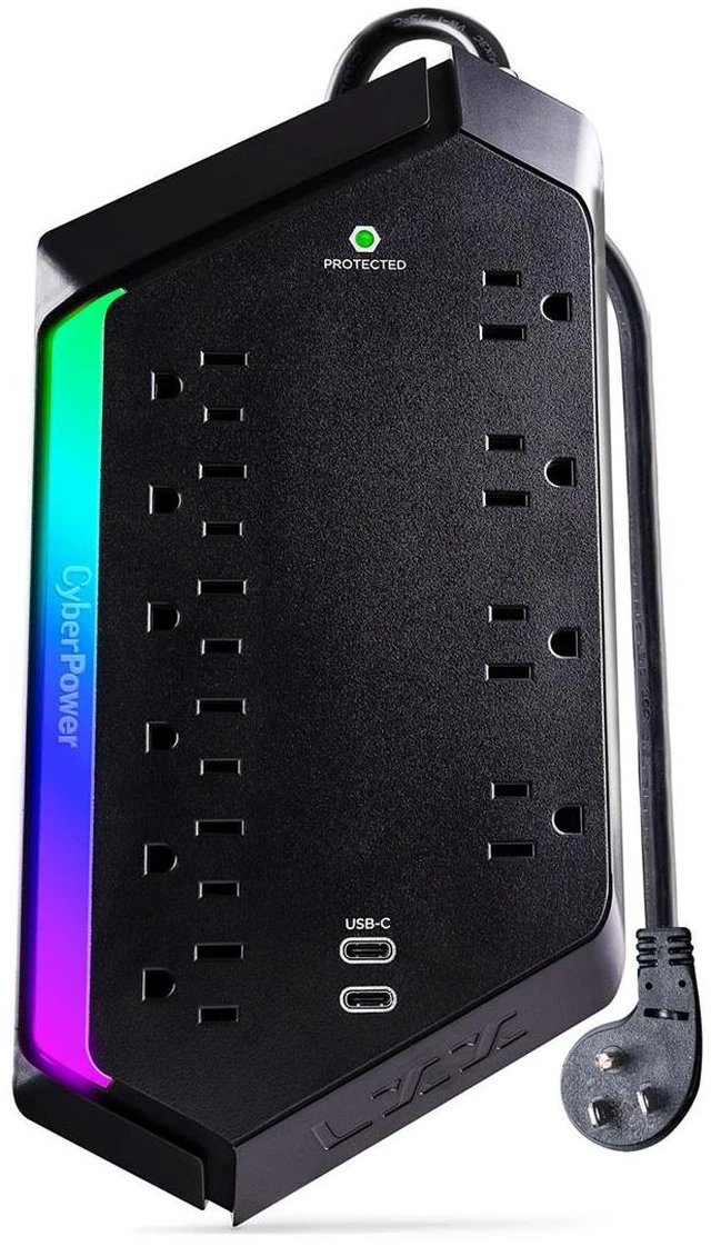 Alt view image 8 of 10 - CyberPower 10 Outlet RGB Surge Strip with USB-C - Black
