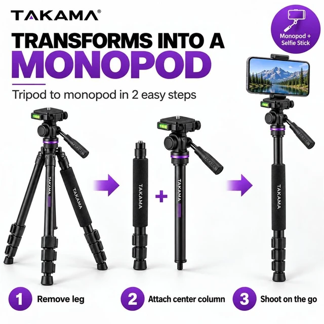 Alt view image 4 of 7 - Takama Flip-Zip 4-Sec Al Multi-Functional Photo Tripod/Monopod w/2-Way Head