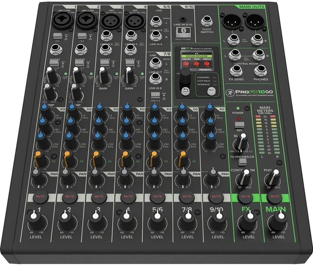 Alt view image 13 of 17 - Mackie ProFX10 GO Battery-Powered 10-Channel Analog Audio Mixer With Bluetooth, USB-C Recording Modes, GigFX+ Effects, Onyx Preamps, EQ, Compression, Up to 8 Hours Battery Life