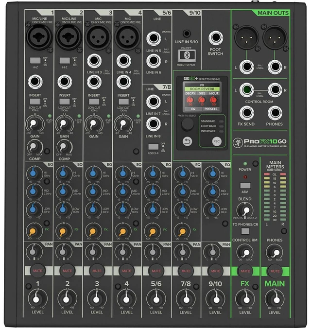 Alt view image 14 of 17 - Mackie ProFX10 GO Battery-Powered 10-Channel Analog Audio Mixer With Bluetooth, USB-C Recording Modes, GigFX+ Effects, Onyx Preamps, EQ, Compression, Up to 8 Hours Battery Life