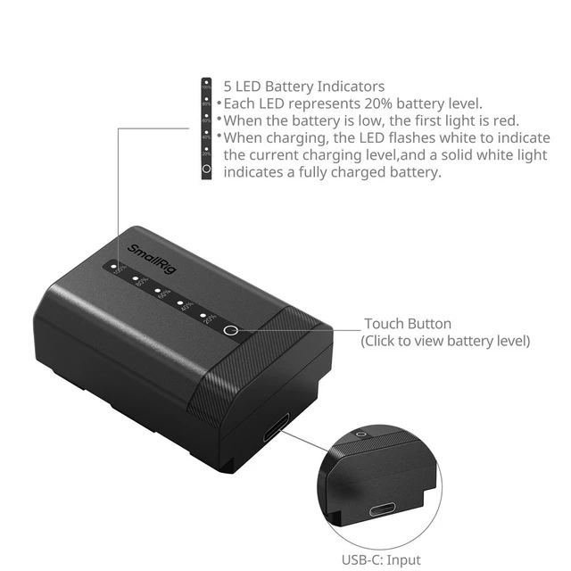 Alt view image 2 of 7 - SmallRig 18.144Wh 7.2V 2600mAh USB-C Rechargeable Lithium Ion Battery with Power Display for Sony NP-FZ100 Camera