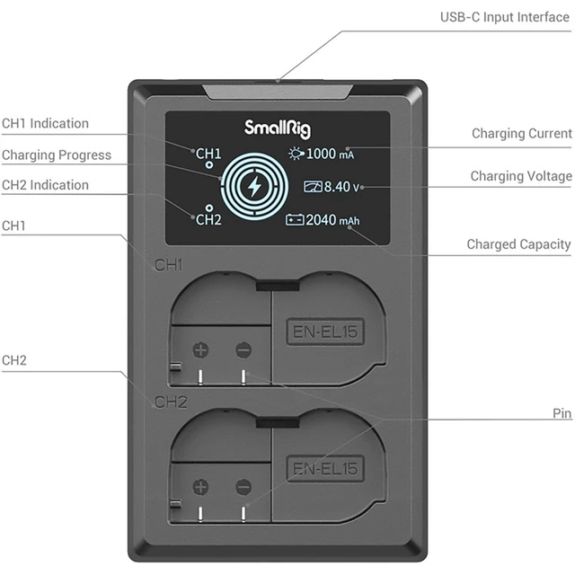 Alt view image 6 of 7 - SmallRig 2x EN-EL15 14.69Wh 7.2V 2040mAh Camera Battery and Dual Charger Kit