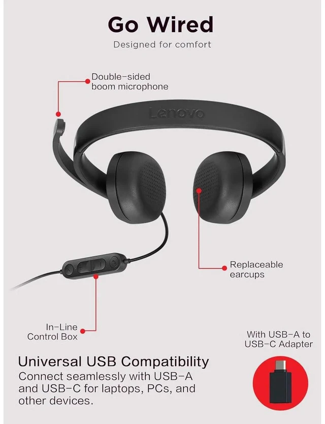 Alt view image 15 of 15 - Lenovo 115 USB-A / USB-C Wired Stereo Headset GXD1R27243