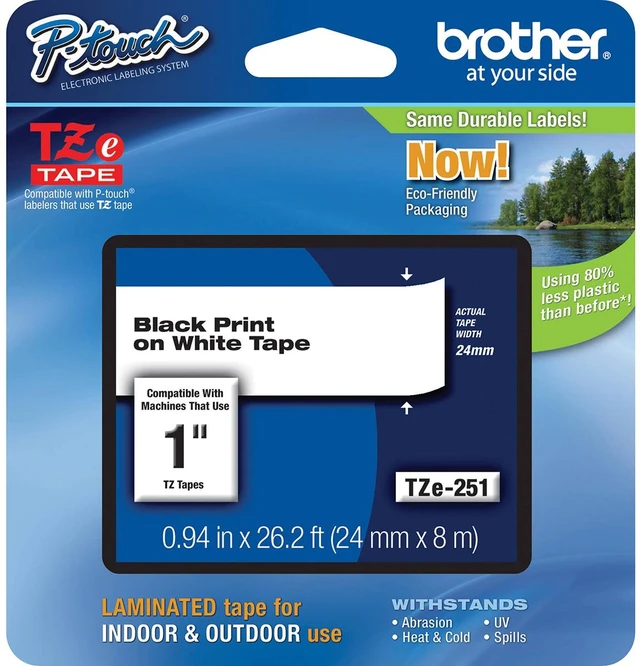 Main image of Brother TZe251 1"x26.2' Laminated Tape for P-Touch Label, Black on White