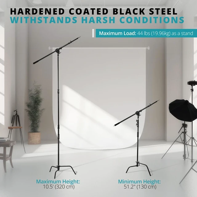 Alt view image 4 of 7 - Flashpoint Turtle Base C-Stand and Cross Arm Boom Kit (Black, 10.5')