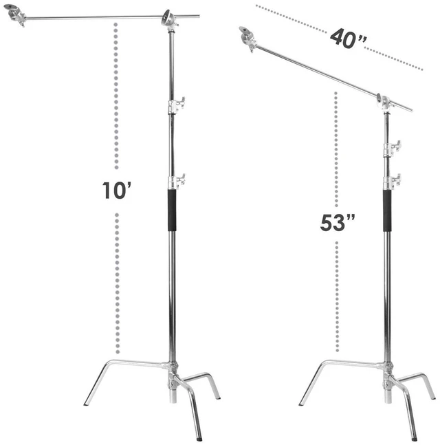 Alt view image 4 of 7 - Flashpoint 10' C Light Stand on Turtle Base Kit, Chrome with 40" Grip Arm & 2 Gobo Heads and Baby Pin, Boom Pole Holder