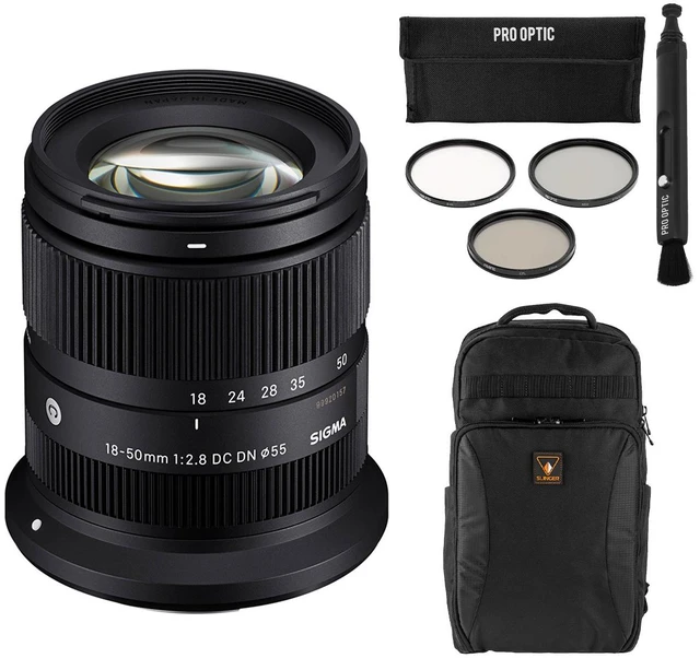 Main image of Sigma 18-50mm f/2.8 DC DN Contemporary Lens for Canon RF with SLINGER ALPINE 190 BACKPACK, PRO OPTIC 55 FILTER KIT, and PRO OPTIC LENSPEN LENS CLEANER