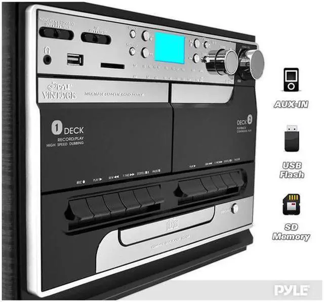 Alt view image 3 of 5 - PyleHome - Retro Vintage Bluetooth Wireless Streaming Turntable & Speaker System with Vinyl to USB Recording, Dual Cassette Decks, CD Player, AM/FM Radio, AUX In, Line Out, USB & SD Card Readers