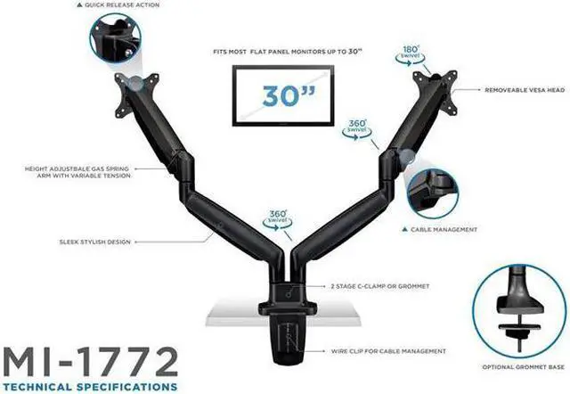 Alt view image 5 of 20 - Mount-It! Height Adjustable Dual Monitor Desk Mount Arms for 13" to 32" Monitors Black (MI-1772-BLACK)