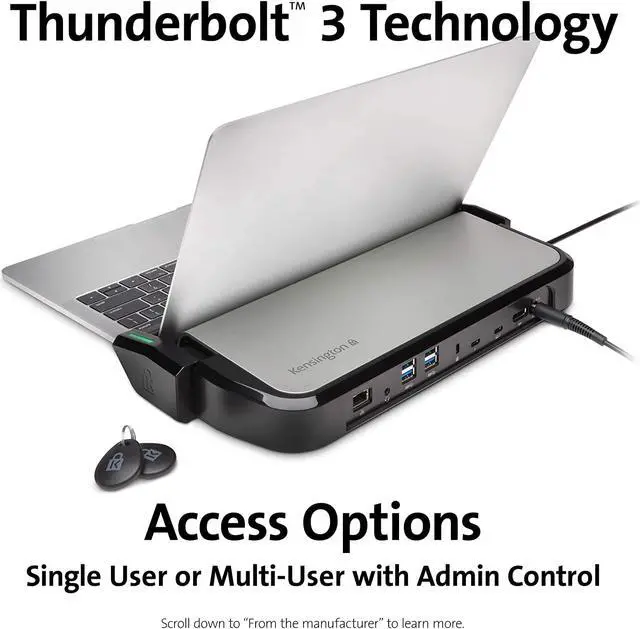 Alt view image 2 of 6 - Kensington LD5400T single user mac/win Thunderbolt 3 Universal Dual 4K Dock with K-Fob Smart Lock - 85W PD (K33476NA) with free Retractable stereo headphones
