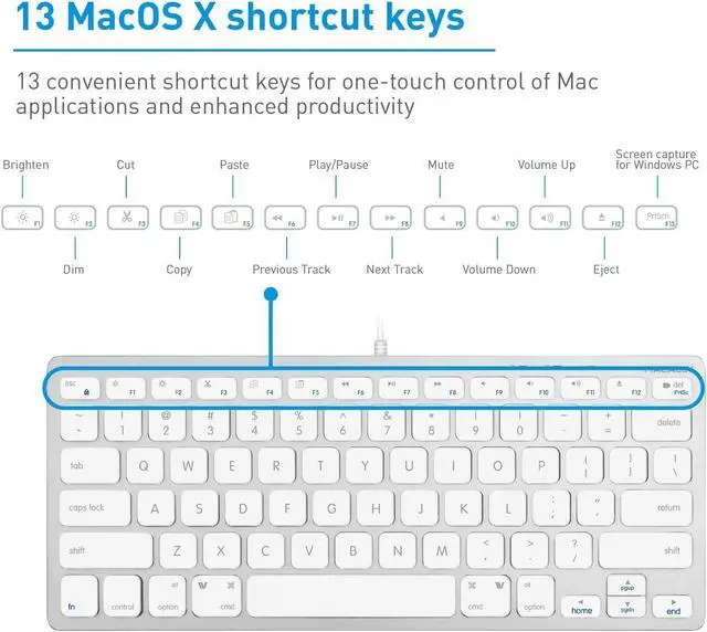 Alt view image 5 of 7 - Macally USB Mini Keyboard for Mac and Windows PC - 78 Scissor Switch Keys with 13 Shortcut Keys - Compact & Small Keyboard That Saves Spaces and Looks Great - Plug and Play Mac Keyboard - Aluminum