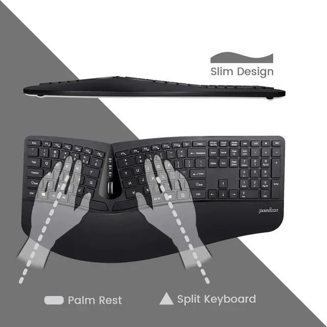 Alt view image 2 of 7 - Perixx Periduo-605, Wireless Ergonomic Split Keyboard and Vertical Mouse Combo, Adjustable Palm Rest and Membrane Low Profile Keys, Black, US English Layout (11633)