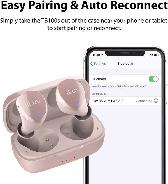 Alt view image 2 of 7 - iLuv TB100 Rose Gold True Wireless Earbuds Cordless in-Ear Bluetooth 5.0 with Hands-Free Call Microphone, IPX6 Waterproof Protection, High-Fidelity Sound; Includes Compact Charging Case & 3 Ear Tips