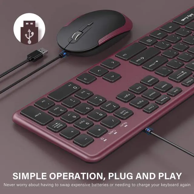 Alt view image 2 of 6 - Wired Keyboard and Mouse, Jelly Comb Ultra Thin Full Size USB Wire Corded Keyboard Mouse Combo Set with Number Pad for Computer, Laptop, PC, Desktop, Notebook, Windows 7, 8, 10 (Wine Red)