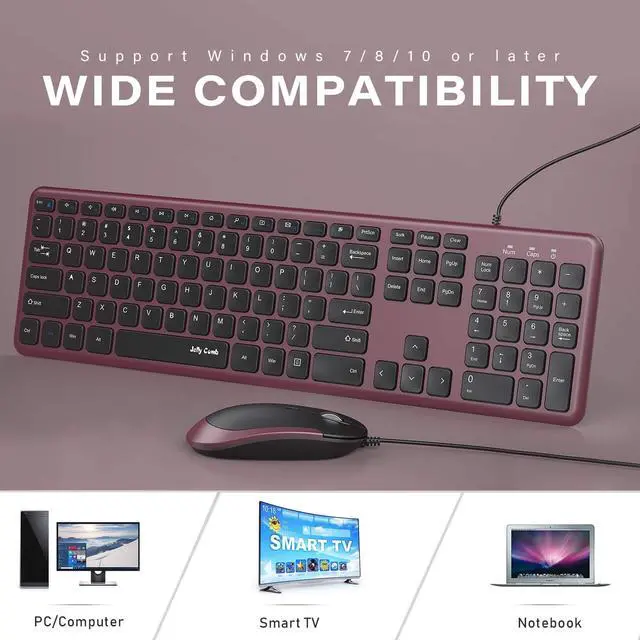 Alt view image 6 of 6 - Wired Keyboard and Mouse, Jelly Comb Ultra Thin Full Size USB Wire Corded Keyboard Mouse Combo Set with Number Pad for Computer, Laptop, PC, Desktop, Notebook, Windows 7, 8, 10 (Wine Red)