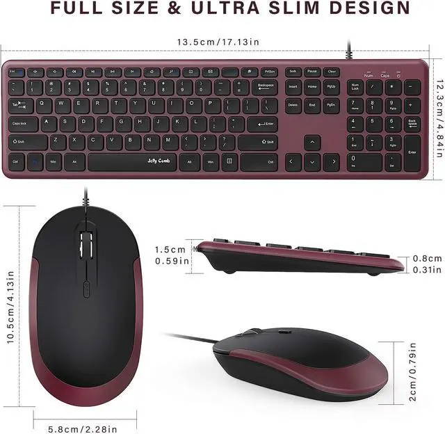 Alt view image 4 of 6 - Wired Keyboard and Mouse, Jelly Comb Ultra Thin Full Size USB Wire Corded Keyboard Mouse Combo Set with Number Pad for Computer, Laptop, PC, Desktop, Notebook, Windows 7, 8, 10 (Wine Red)