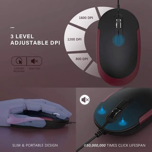 Alt view image 3 of 6 - Wired Keyboard and Mouse, Jelly Comb Ultra Thin Full Size USB Wire Corded Keyboard Mouse Combo Set with Number Pad for Computer, Laptop, PC, Desktop, Notebook, Windows 7, 8, 10 (Wine Red)