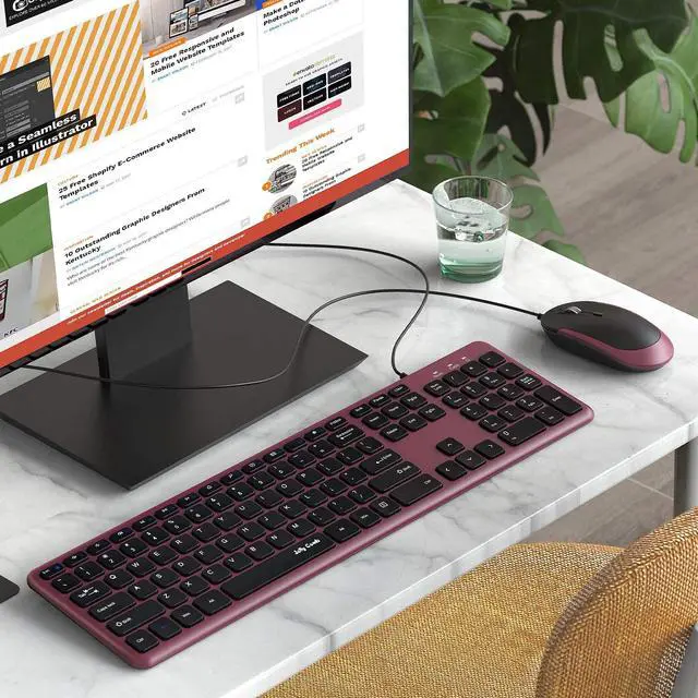 Alt view image 5 of 6 - Wired Keyboard and Mouse, Jelly Comb Ultra Thin Full Size USB Wire Corded Keyboard Mouse Combo Set with Number Pad for Computer, Laptop, PC, Desktop, Notebook, Windows 7, 8, 10 (Wine Red)