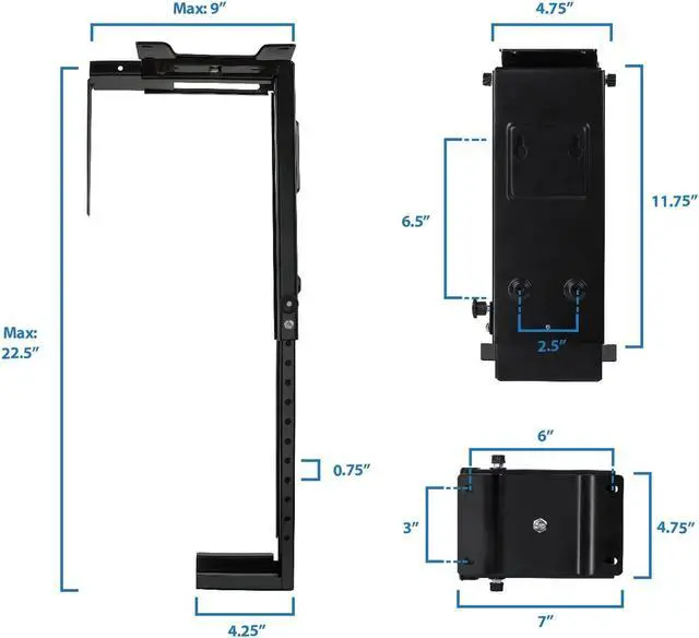 Alt view image 6 of 7 - Mount-It! CPU Under Desk Mount Bracket - Computer Tower Wall and Under Counter Holder, 360 Degree Swivel Adjustable Height and Width Wall-Mountable