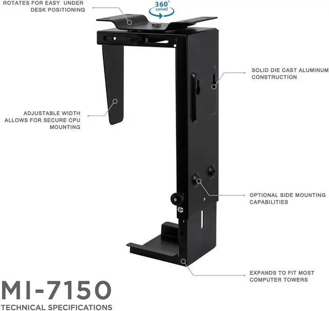 Alt view image 5 of 7 - Mount-It! CPU Under Desk Mount Bracket - Computer Tower Wall and Under Counter Holder, 360 Degree Swivel Adjustable Height and Width Wall-Mountable