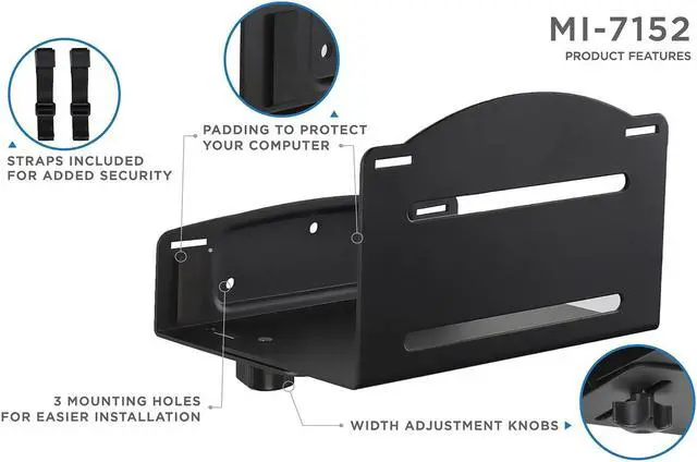 Alt view image 4 of 7 - Mount-It! CPU Wall Mount Bracket, Desktop Computer Tower Holder with Safety Straps, Heavy Duty Size Adjustable CPU Holder, Steel, Black, 22 Lbs Capacity, Saves Floor and Desk Space
